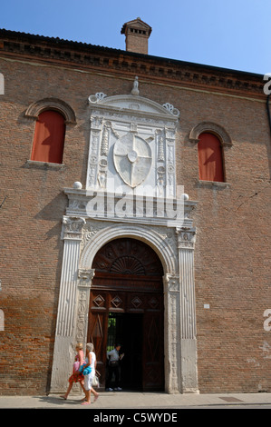 The large portal elaborately sculpted on the facade of Palazzo Schifanoia in Ferrara Stock Photo