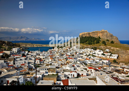 Panoramic view of beautiful Lindos village with its castle (Acropolis) . Rhodes island, Dodecanese, Greece Stock Photo