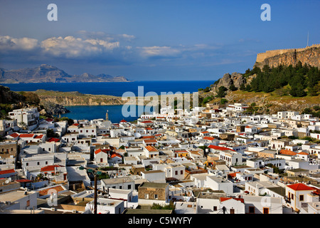 Panoramic view of beautiful Lindos village with its castle (Acropolis) . Rhodes island, Dodecanese, Greece Stock Photo