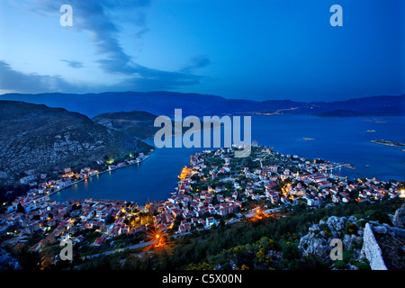 Panoramic view of the village and harbor of Kastellorizo island from the path that goes to Saint George Monastery. Greece Stock Photo