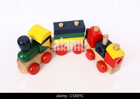 A colorful wooden train toy for children, isolated Stock Photo