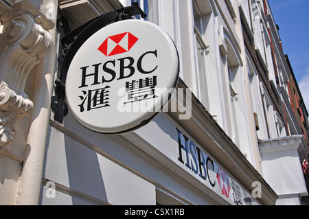 HSBC Bank sign in Chinese, Gerrard Street, Chinatown, Soho, City of Westminster, London, Greater London, England, United Kingdom Stock Photo