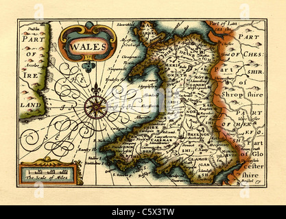 Wales - Old English County Map by John Speed, circa 1625 Stock Photo