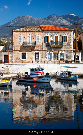 Partial view of the small harbor of Aghios Nikolaos (or 'Selinitsa') village in Western ('Messenian') Mani, Peloponnese, Greece Stock Photo