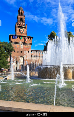 View of famous fountain and Castle tower on the Castle square. Milan, Italy Stock Photo