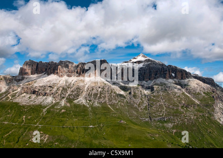 The Sella group covered with a bit of snow in summer season, South Tyrol Stock Photo