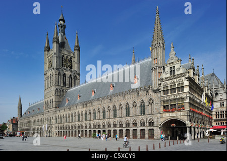 Grand Place with Cloth Hall, First World War One In Flanders Fields museum and belfry at Ypres / Ieper, West Flanders, Belgium Stock Photo