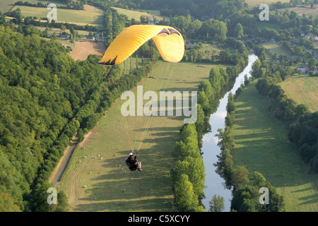 Paragliding, valley of the Orne, Orne loop, Clécy, Vallée de l'Orne from the ridge road (Calvados, Swiss Normandy, France). Stock Photo