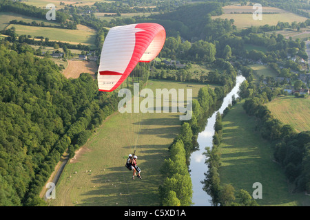 Paragliding, valley of the Orne, Orne loop, Clécy, Vallée de l'Orne from the ridge road (Calvados, Swiss Normandy, France). Stock Photo