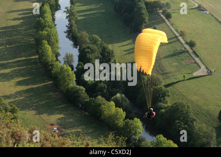 Paragliding, valley of the Orne, Orne loop, Clécy, Vallée de l'Orne from the ridge road (Calvados, Swiss Normandy, France). Stock Photo