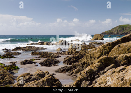 Beach and rock formations at Kennack Sands, The Lizard Peninsula, Cornwall Stock Photo