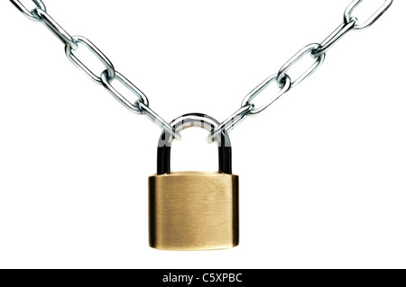 Padlock and chain on white Stock Photo