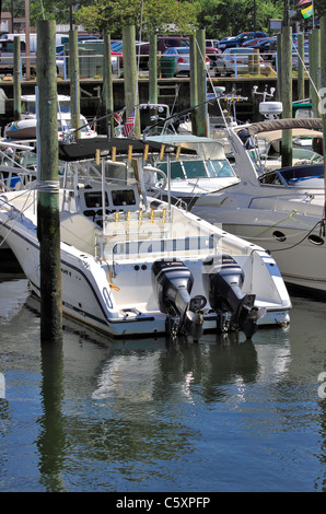 Pleasure boat in marina, Port Jefferson, Long Island NY Stock Photo