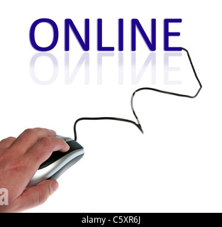 Online word connected to pc mouse Stock Photo
