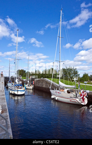 Yachts moving north through the locks on the Caledonian Canal at Banavie near Fort William in Scotland Stock Photo