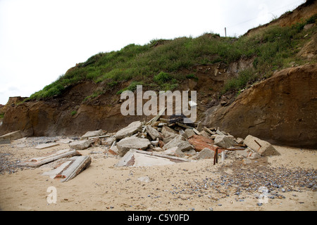 Coastal Erosion seen here at the infamous Happisburgh in Norfolk,UK.  This type of is fast become the norm in some parts of the UK. Stock Photo