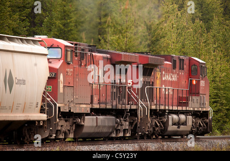 A landscape shot of two Canadian Pacific locomotives (AC44s) pulling a potash train near Field, BC Stock Photo