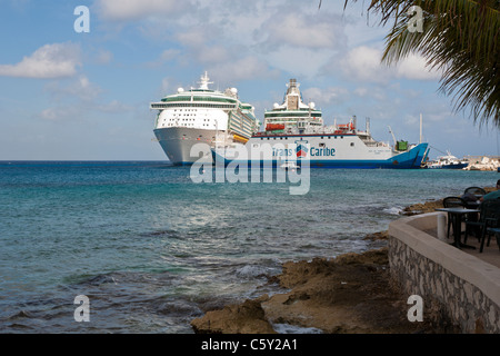 Transcaribe car ferry boat docked in front of cruise ships at port in Cozumel, Mexico in the Caribbean Sea Stock Photo