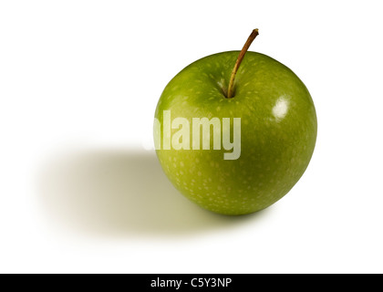 Isolated side view shot of a Baby Granny Smith apple on a white background with a soft shadow. Stock Photo