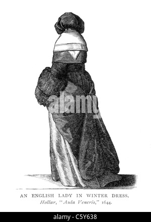 An English Lady in Winter Dress from 'Aula Veneris' by Wenceslaus Hollar, 1644; Black and White Illustration; Stock Photo