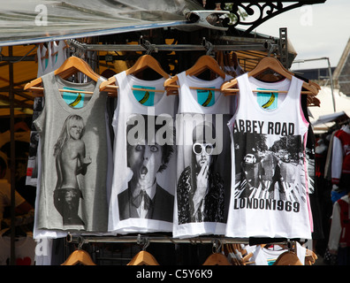 Printed vests on a stall on Camden Market, Camden Town, London, England, U.K. Stock Photo