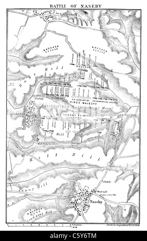 Map showing the deployment of Parliamentarian and Royalist forces, Battle of Naseby, 14 June 1645; Black and White Illustration; Stock Photo