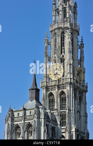 Tower of the Gothic Roman Catholic Cathedral of Our Lady in Antwerp showing flying buttresses and flamboyant tracery, Belgium Stock Photo