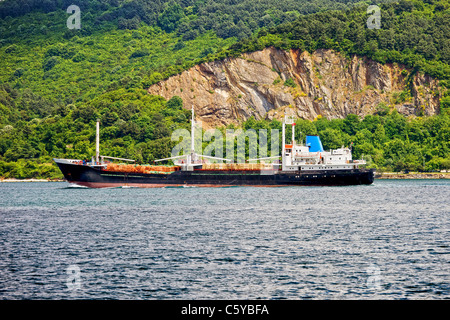 Cargo ship in picturesque scenery of the Bosphorus Strait in Turkey Stock Photo