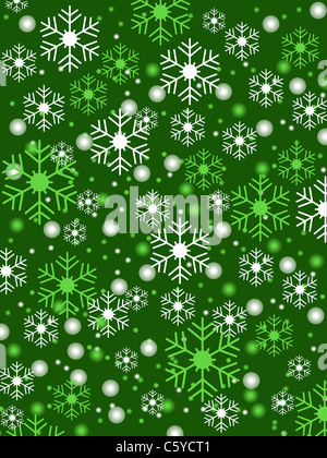 Snowflake shapes and snowballs in white and green on vibrant green background Stock Photo