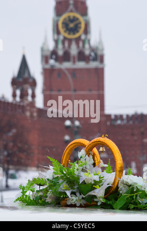 Wedding rings against the Spasskaya tower Stock Photo