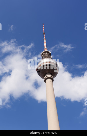 The TV Tower at Alexanderplatz in Berlin, Germany, rises into the sky. Stock Photo