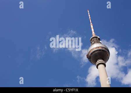 The TV Tower at Alexanderplatz in Berlin, Germany, rises into the sky. Stock Photo