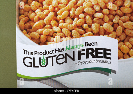 This product has always been Gluten Free - detail on packet of Nature's Path Organic Crispy Rice cereal, breakfast cereal, organic gluten free Stock Photo