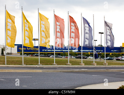 Series of colourful IKEA furniture store flags Stock Photo