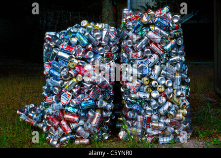 Used aluminum soda pop and beer cans being collected for recycling fill up two wire mesh bins outdoors at a campground in Florida, USA. Stock Photo