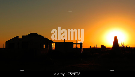 Sun sets on the ruins of Pancho Barnes Happy Bottom Riding Club Rancho Oro Verde Fly-Inn Dude Ranch at Edwards AFB, CA. Stock Photo