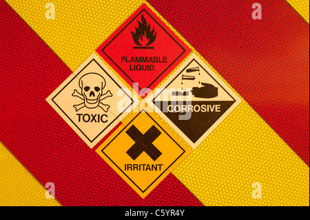 A set of Danger flammable liquid toxic corrosive irritant chemicals and liquids warning symbols on red and yellow UK Stock Photo