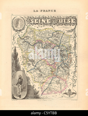 Seine et Oise Department -  Antiquarian Map from an 1858 French Atlas 'France and its Colonies' (La France et ses Colonies ) by Alexandre Vuillemin Stock Photo