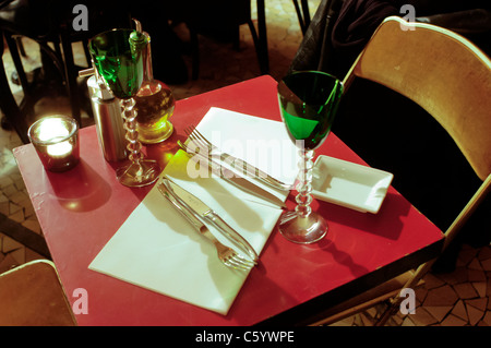 PARIS, France - High Angle, Table Setting in French Bistro Restaurant , Empty Stock Photo