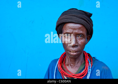 Portrait of a local tribeswoman at Konso market in the Lower Omo Valley, Southern Ethiopia, Africa. Stock Photo