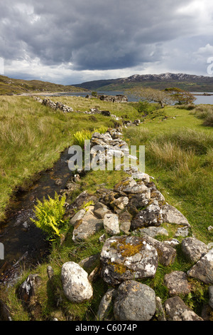 Ruined old croft walls and crofts with Loch Eishort and Sleat Peninsula beyond. Boreraig, Isle of Skye, Scotland, UK Stock Photo