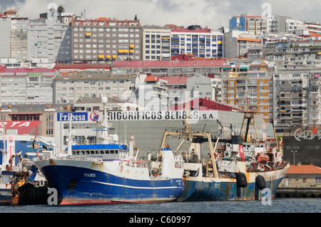 Fishing vessels tied up to the docks in Vigo, Spain Stock Photo