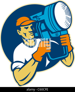 illustration of a film lighting crew holding a spotlight set inside a circle Stock Photo