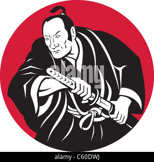 illustration of a Japanese Samurai warrior about to draw sword set inside circle done in retro style Stock Photo