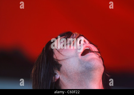 Feeder at the Splendour Festival. Bass player Taka Hirose Feeder are now vocalist and guitarist Grant Nicholas, and bass player Stock Photo