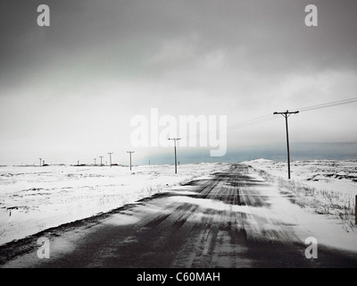 Telephone poles in snow covered field Stock Photo