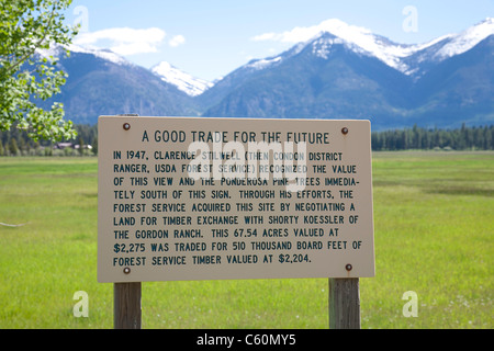 Historical Marker, Swan Valley and Mountains, Rte 83, MT Stock Photo