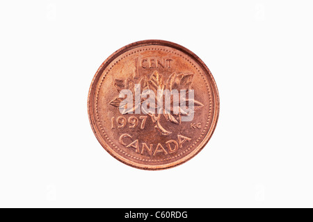 Detailansicht einer kanadischen 1 Cent Münze aus dem Jahr 1997 | Detail photo of a 1 Cent coin of Canada from the year 1997 Stock Photo