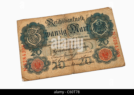 Detail photo of an old German bill of February 19th 1914 about the amount of one twenty reichsmarks Stock Photo