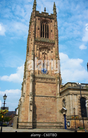 The Tower of Derby Cathedral from Iron Gate Derby UK Stock Photo